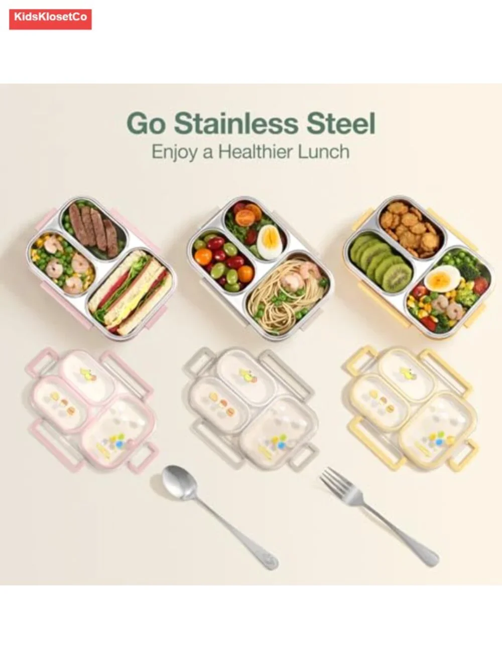 Stainless Steel Leak Proof 3-Compartment Bento Lunch Box with Fork & Spoon for